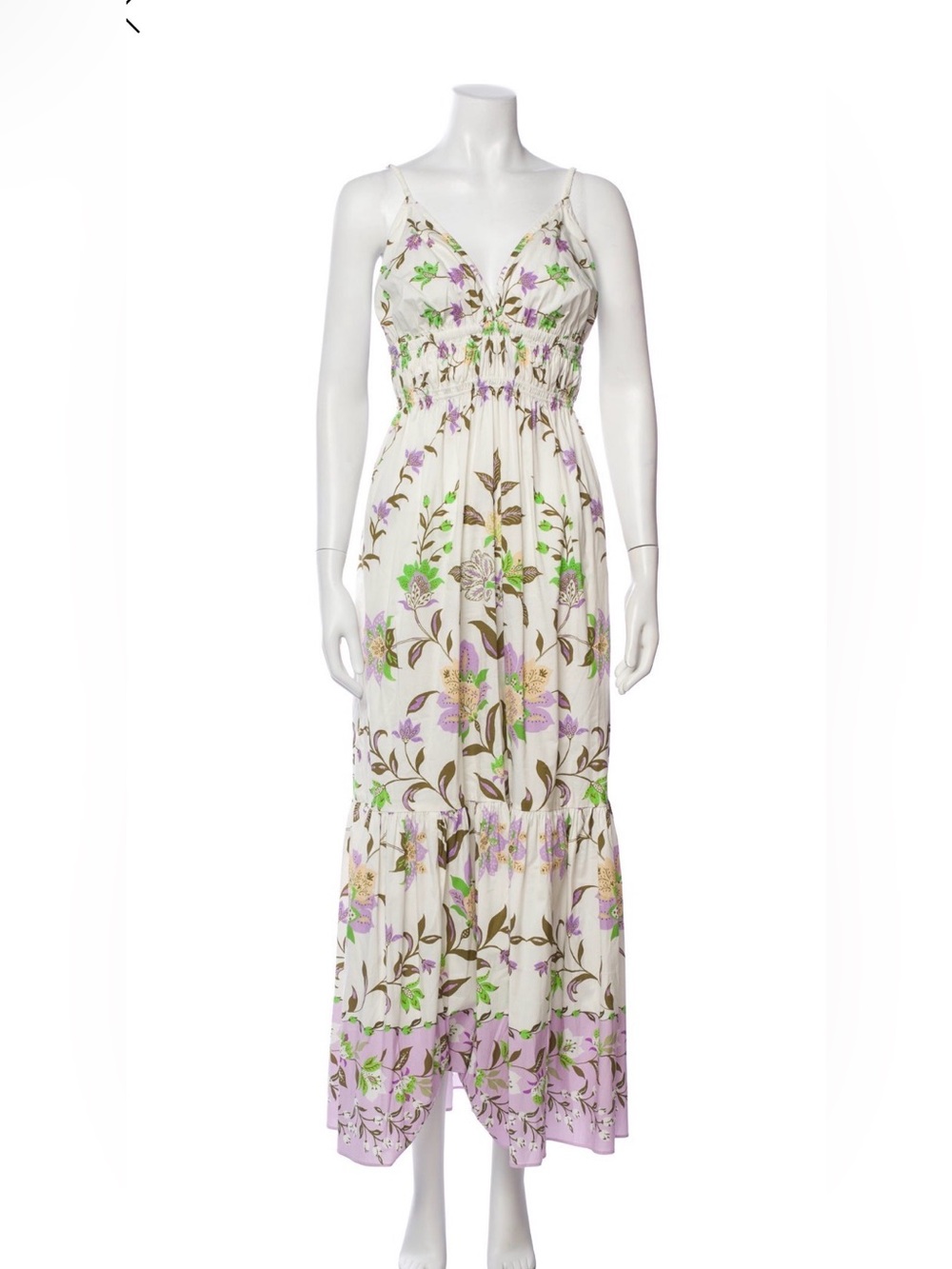 MISA Floral Smocked Waist Maxi Dress - White & Lavender XS